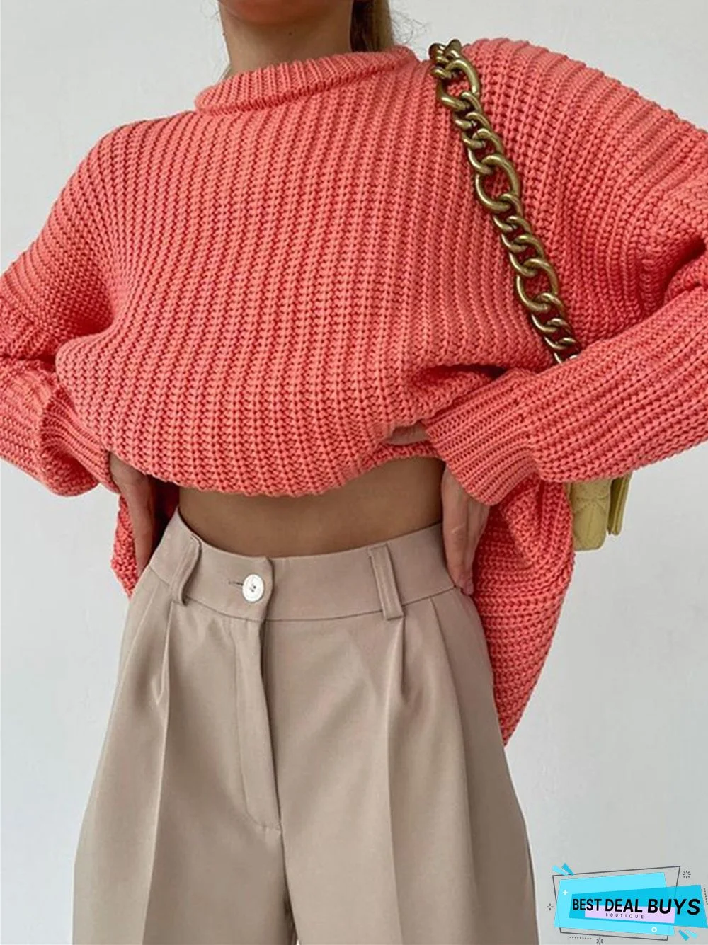 Solid Color Casual Loose Long Sleeve Round Neck Knitting Sweater