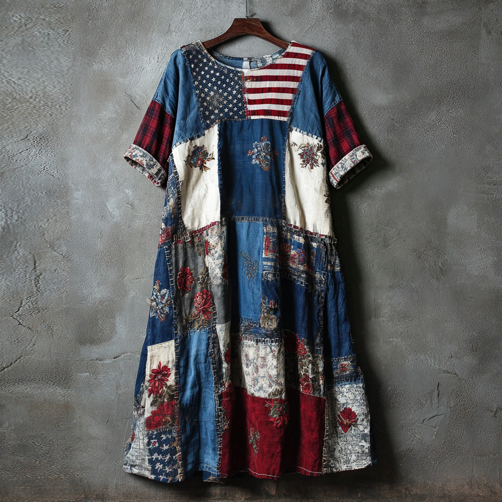  Women's Retro Independence Day Floral Plaid Patchwork Round Neck Dress Westsshops