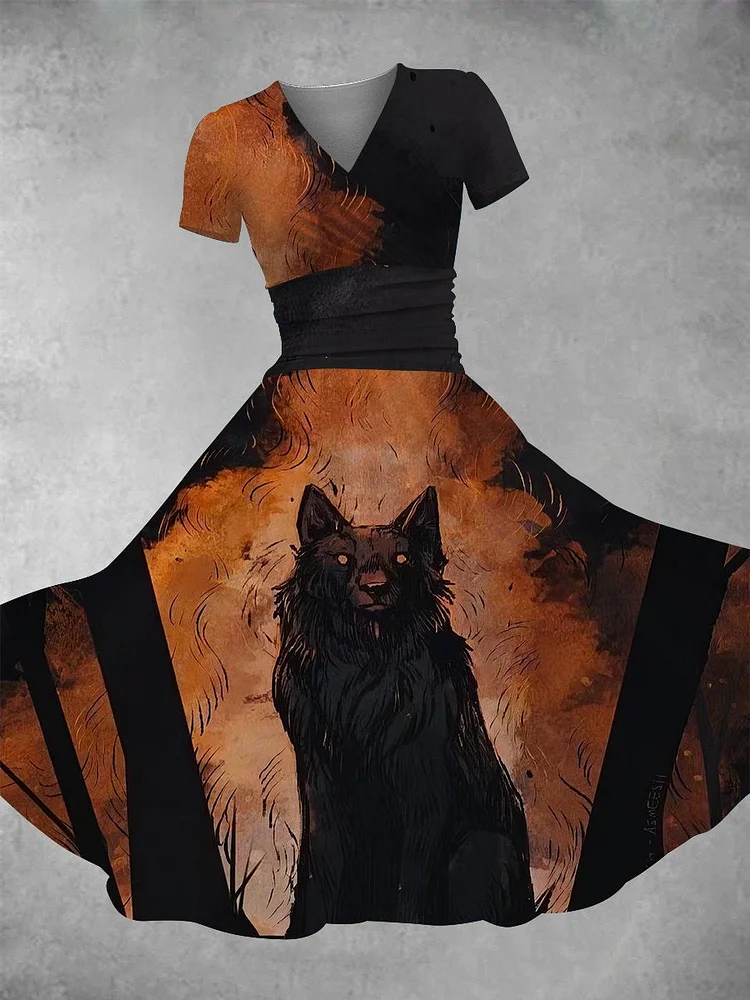 Women's Vintage Halloween Wolf Print Maxi Dress