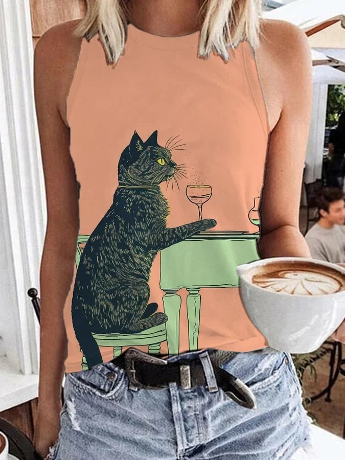 Women's Black Cat Champagne Art Print Tank Top