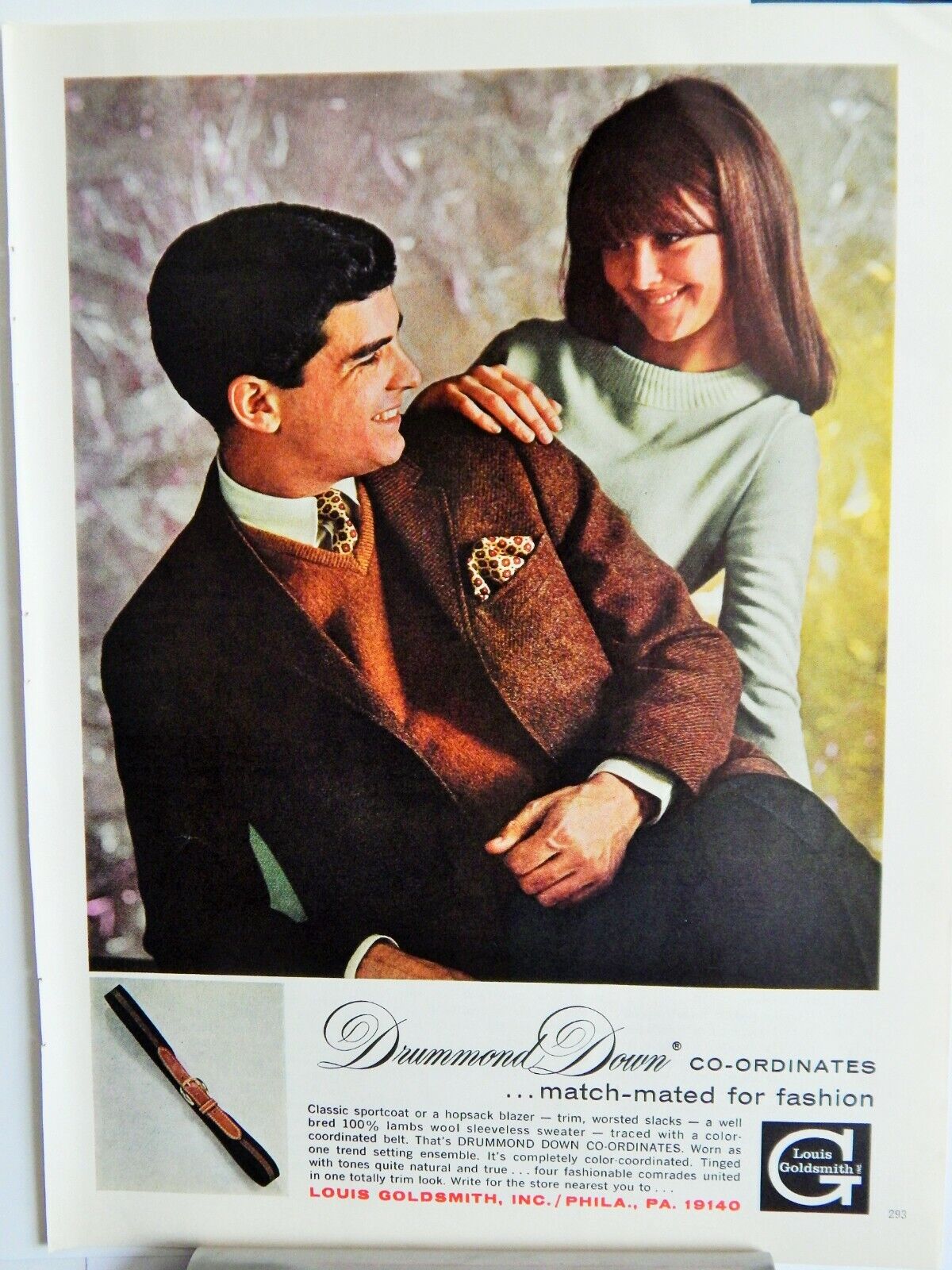 DRUMMOND DOWN MENS COORDINATES FASHION ORIG. VTG 1966 Photo Poster painting AD, RARE EPHEMERA