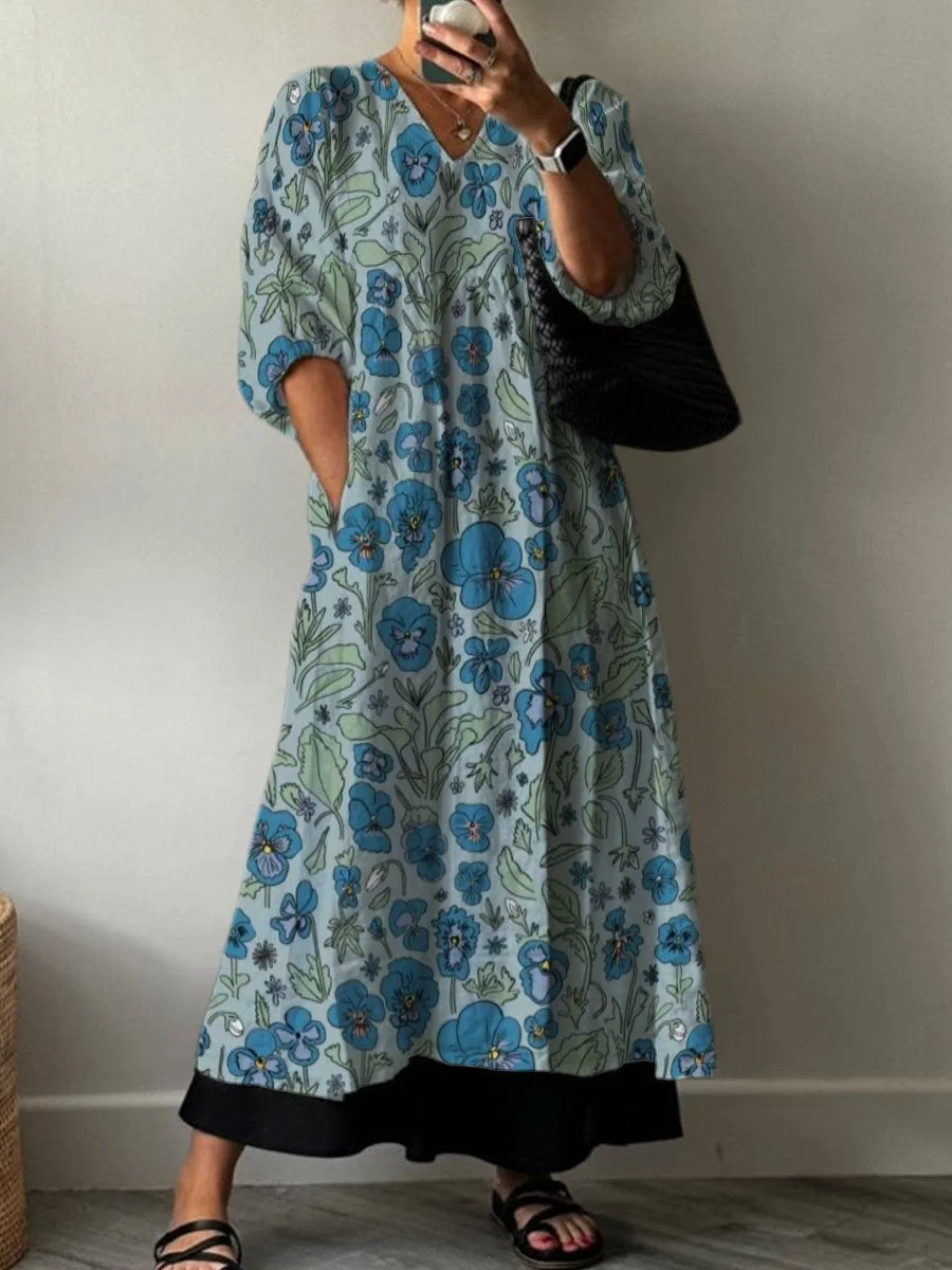 Blue Floral Decorative Pattern Pocket V-neck Cotton Dress