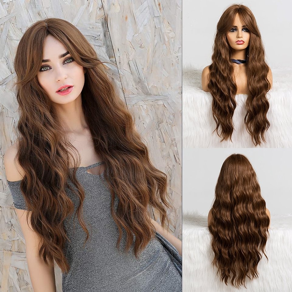 Long Wavy Brown Wig with Bangs Synthetic Wigs for Black Women Heat Resistant Fiber Hair Daily Cosplay Party Natural Wave Wigs US Mall Lifes