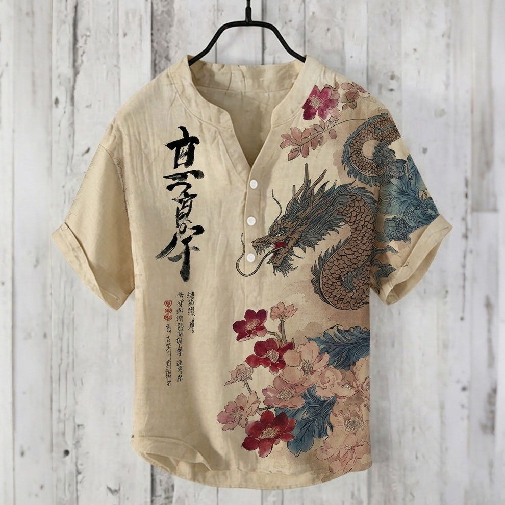 Men's Retro Japanese Style Dragon And Floral Print Short-sleeve Shirt elevenforest