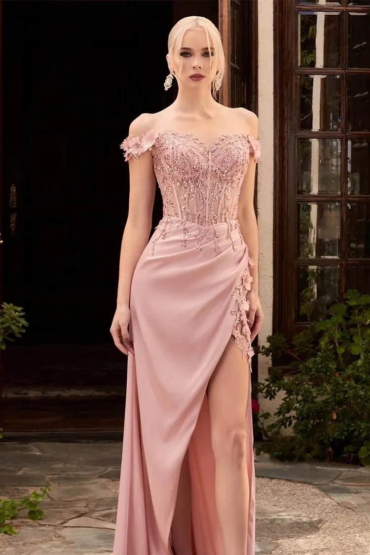 Pink Appliques Beadings Off-The-Shoulder Split Mermaid Prom Dress | Lulustina