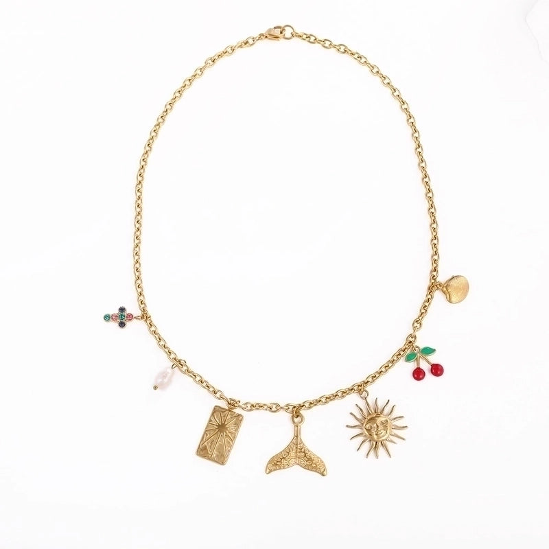 Vintage Style Classic Style Cross Cherry Fish Tail 304 Stainless Steel Rhinestones 18K Gold Plated Asymmetrical Multi Charms Necklace