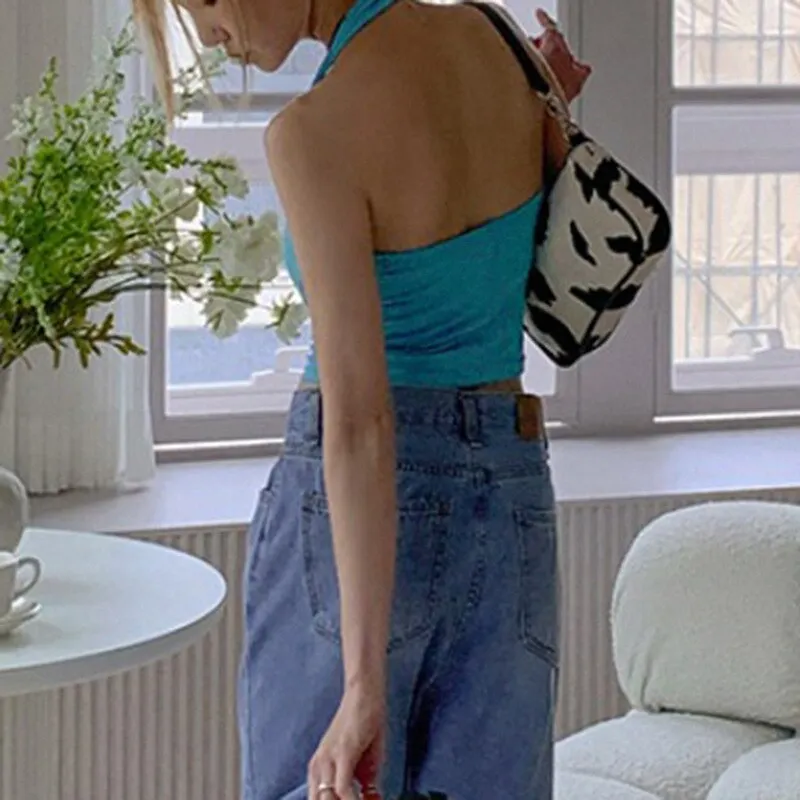 Blue Knitted Halter Backless Crop Tops Women U-Neck Sleeveless Skinny Cami Female Korean