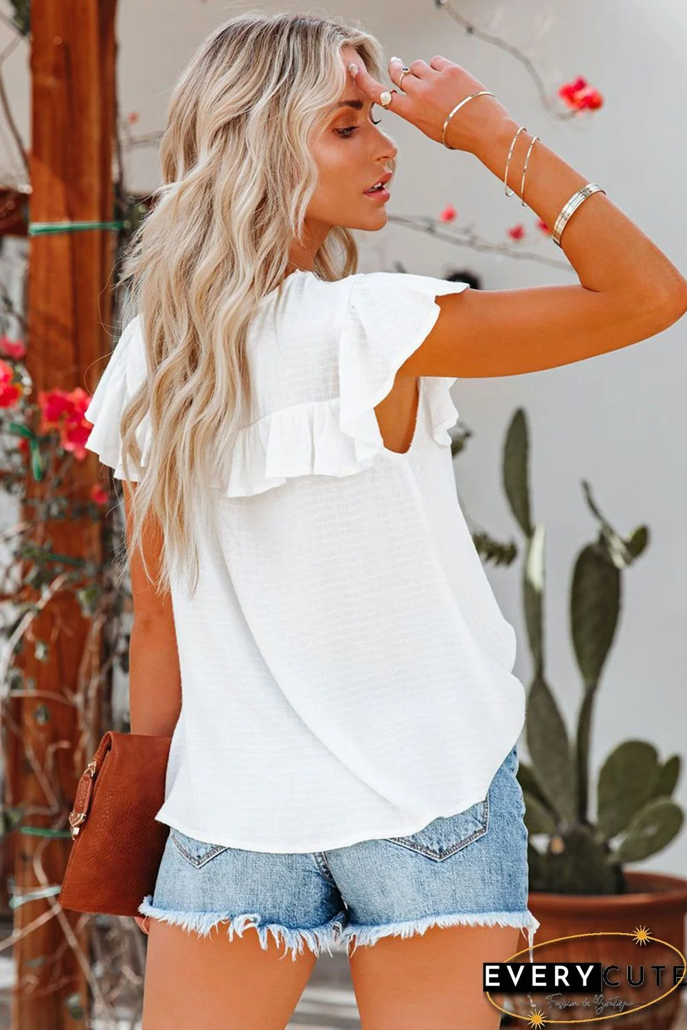 White Lace Splicing Ruffled Short Sleeve T-shirt