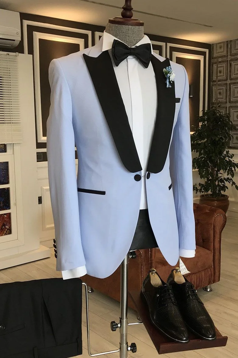 New Sky Blue Western Suits For Wedding One Button With Black Peaked Lapel