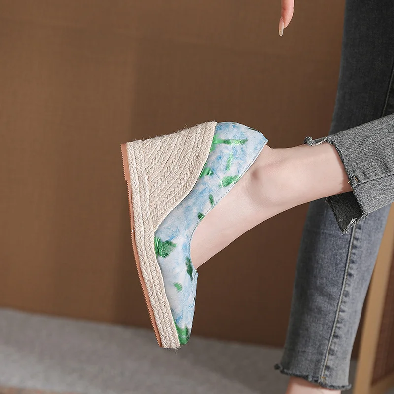 Wongn Wongn And Autumn New Slope Heel Thick Bottom Tip Shallow Mouth High Heel Women's Single Shoes Color Thick Heel Grass Hemp Rope Bottom Large Size