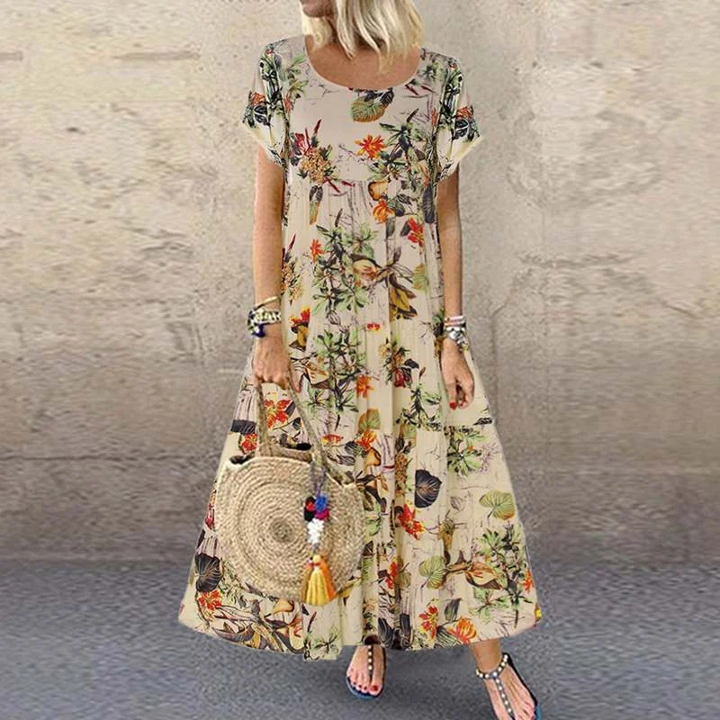 ZANZEA 2022 Summer Dress Women Vintage Floral Printed Short Sleeve Sundress Ladies Bohemian Party Long Vestido Robe Loose Dress