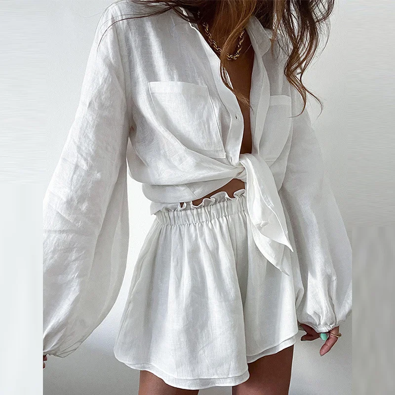 Brownm Brownm Women's Wear Casual Solid Color Flounce Shorts Shirt Early Fall Lazy Wind Suit Female