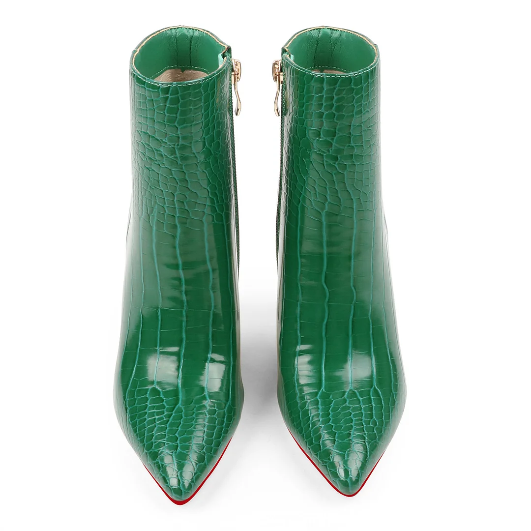 100mm Women's Ankle Boots Middle Heels Pointed Toe Stiletto Red Bottom Croc Boots-MERUMOTE