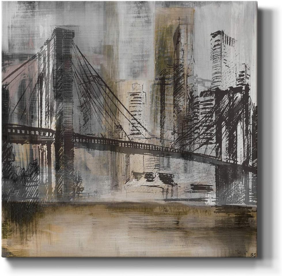 Premium Gallery Wrapped Canvas Square Wall Art Multicolor Abstract Ocean Beach Romance Modern Pictures Print for Home Office, Ready to Hang Brooklyn Bridge Twilight