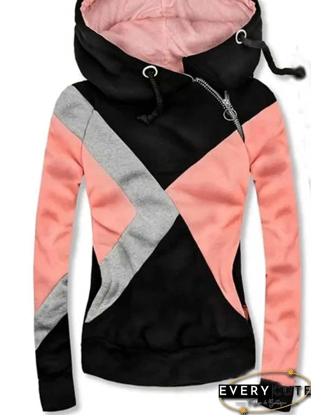 Pink Long Sleeve Cotton-Blend Patchwork Color-Block Sweatshirts