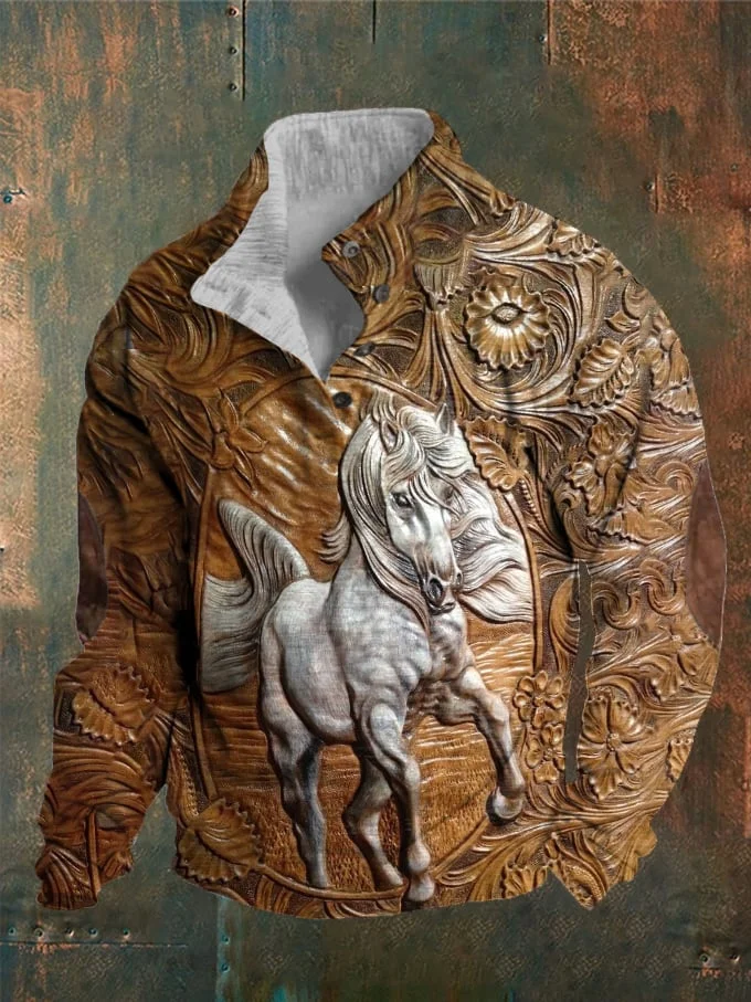 Men's Carving Laser Burn 3D Western Horse Print Button Stand Collar Sweatshirt