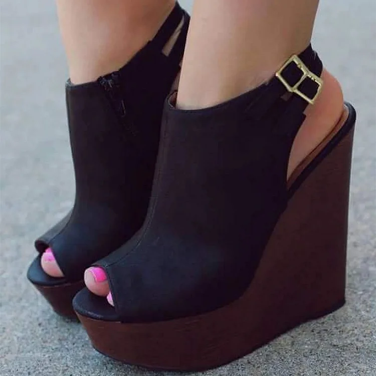 Suede Black Peep Toe Wedge Heels with Platform and Buckle Slingback Vdcoo