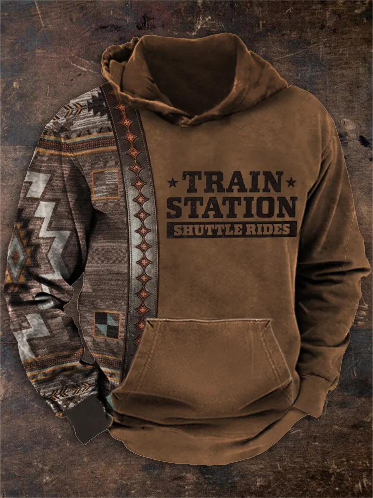 Western Train Station Aztec Patchwork Casual Hoodie