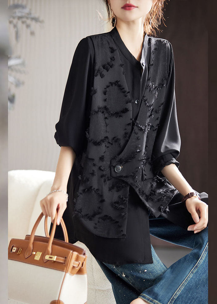 VCSHOES Black O-Neck Floral Patchwork Fake Two Pieces Chiffon Top Fall