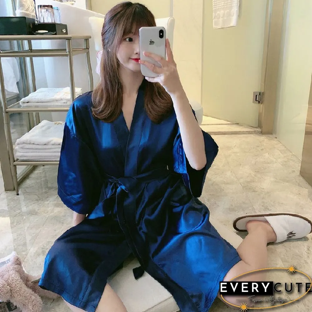 Japanese Robe for Sexy Ladies: Half-Sleeve Ice Silk Mini Night Dress Gown Bathrobe