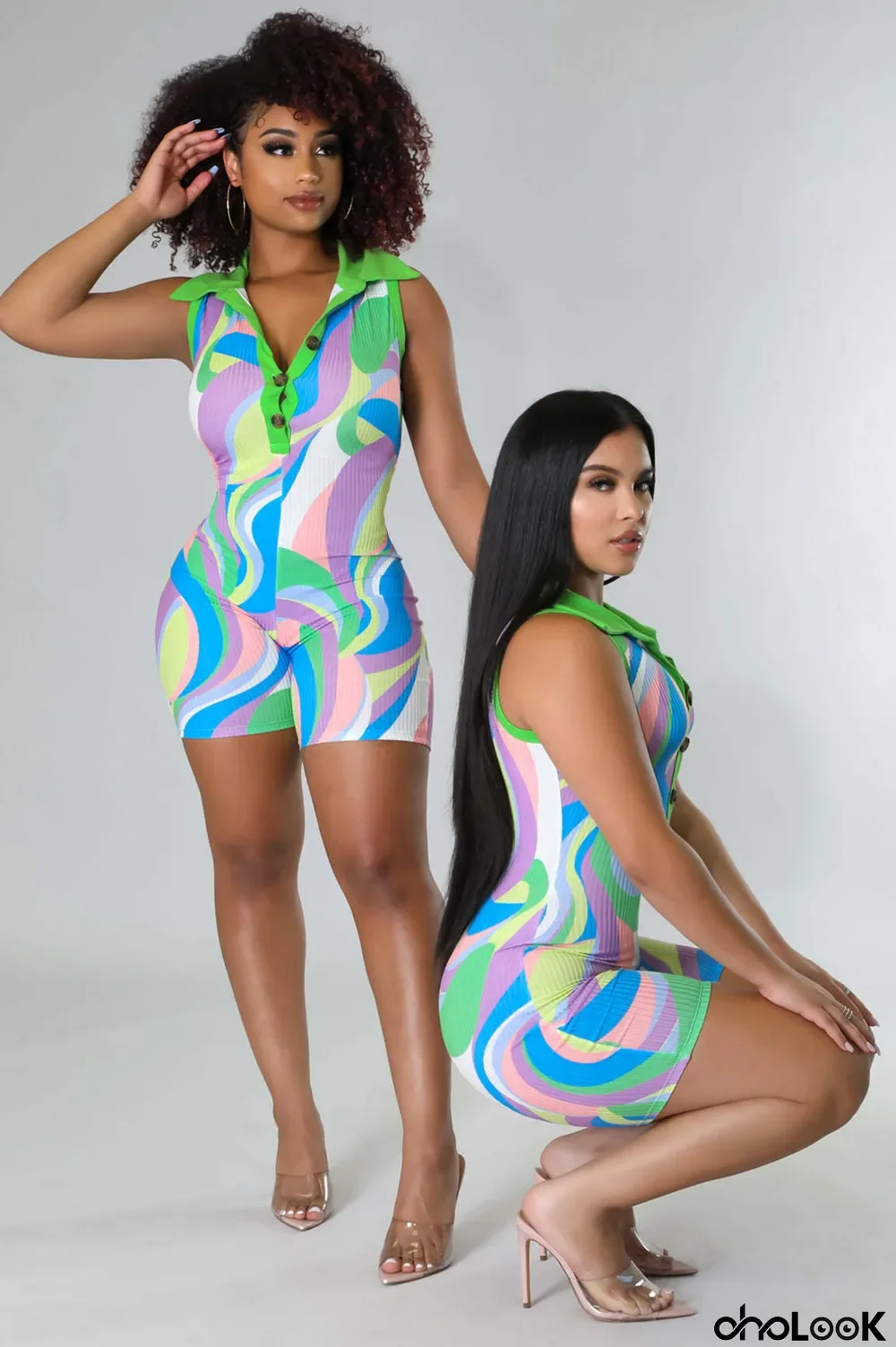 Women's Summer Fashion Colorful Print Sleeveless Turndown Collar V Neck Playsuit