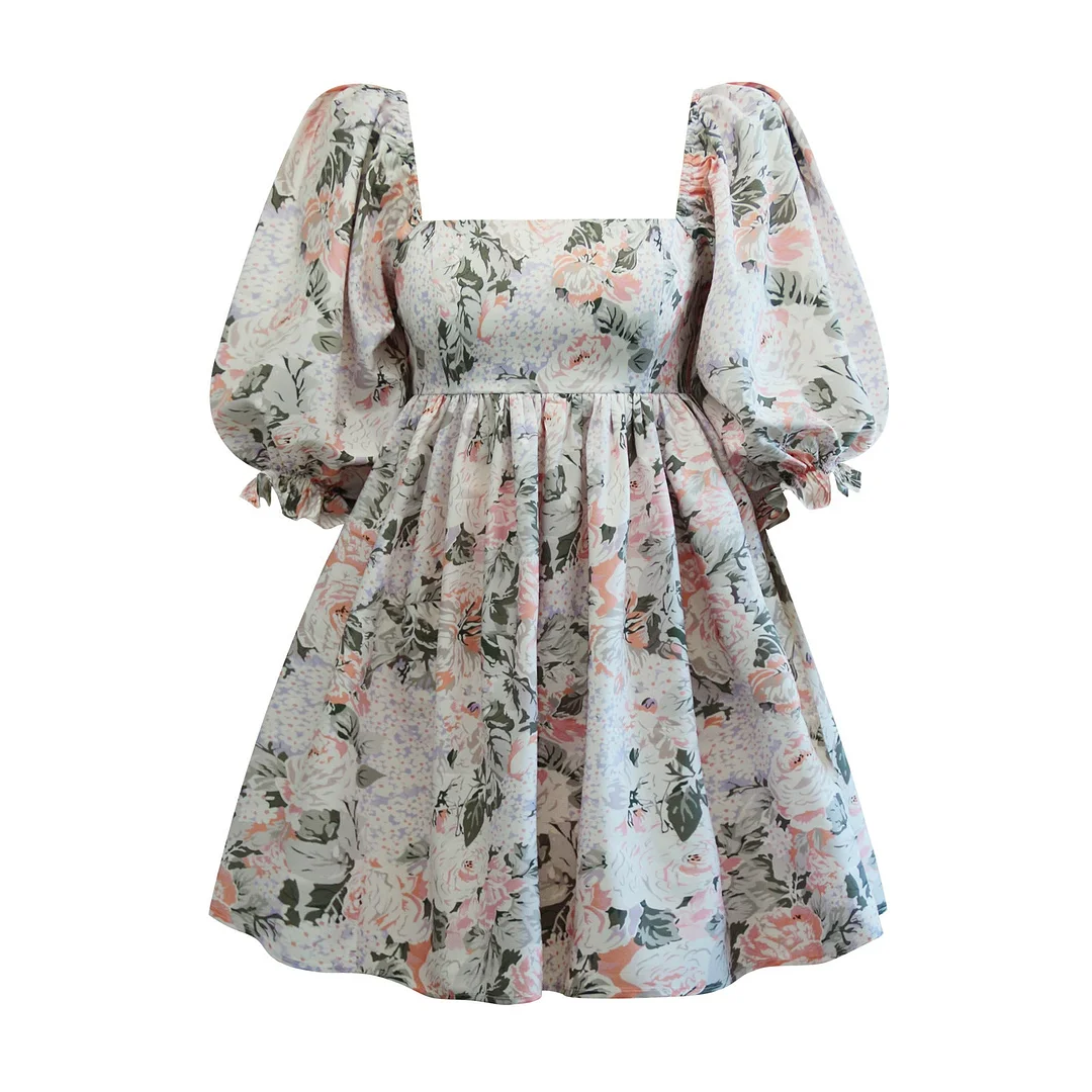 Brownm Printed Square Collar Lantern Short High Waist Sleeve Women's Backless Puffy Dress