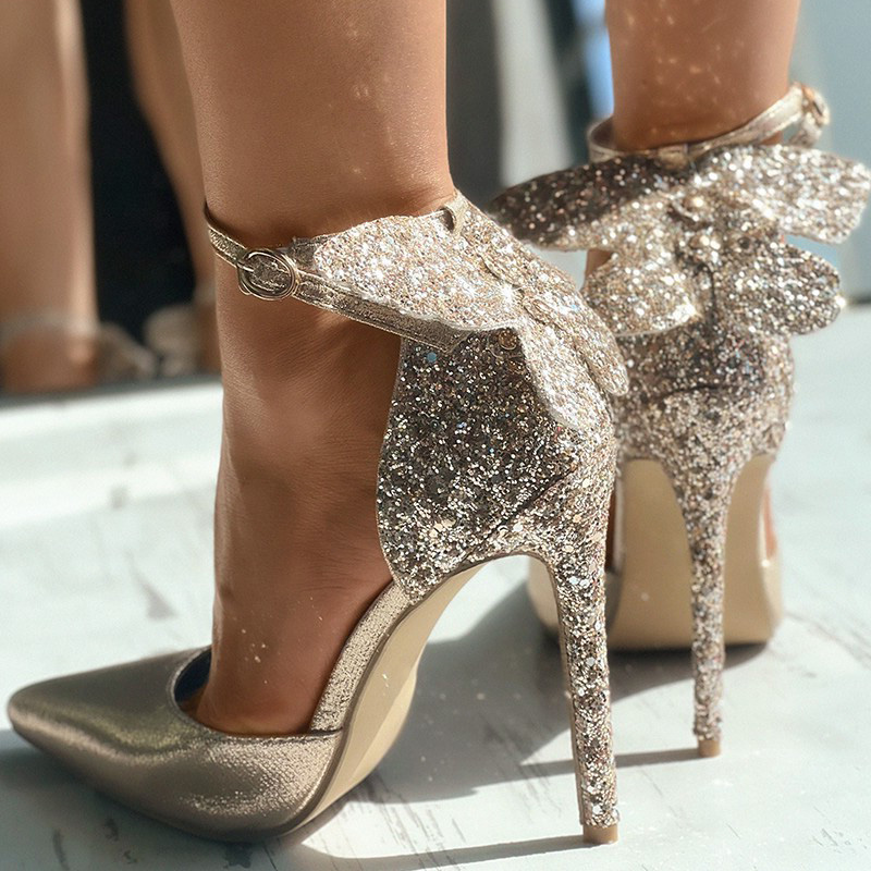 GOOSHOE Butterfly Glitter Stiletto Heels Evening Pointy Pumps