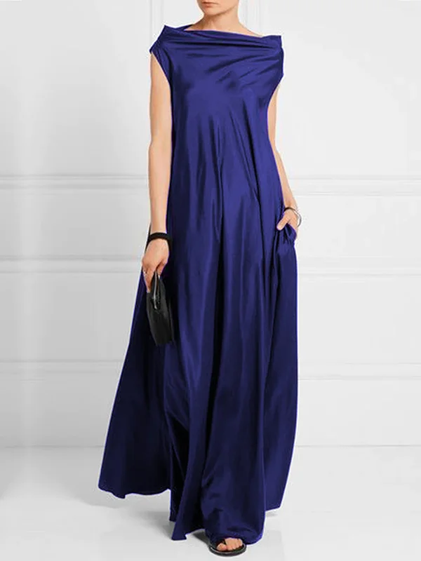 Roomy Pleated Pure Color Boat Neck Maxi Dresses