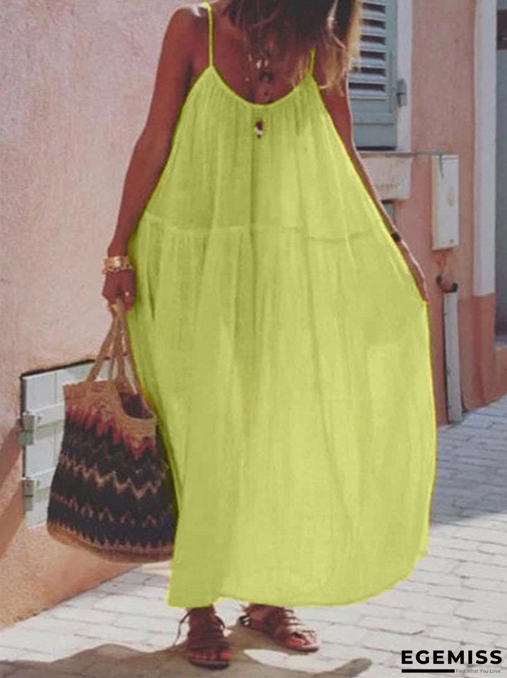 Long Skirt Solid Color Stitching Cotton and Linen Sleeveless Sling Dress | EGEMISS