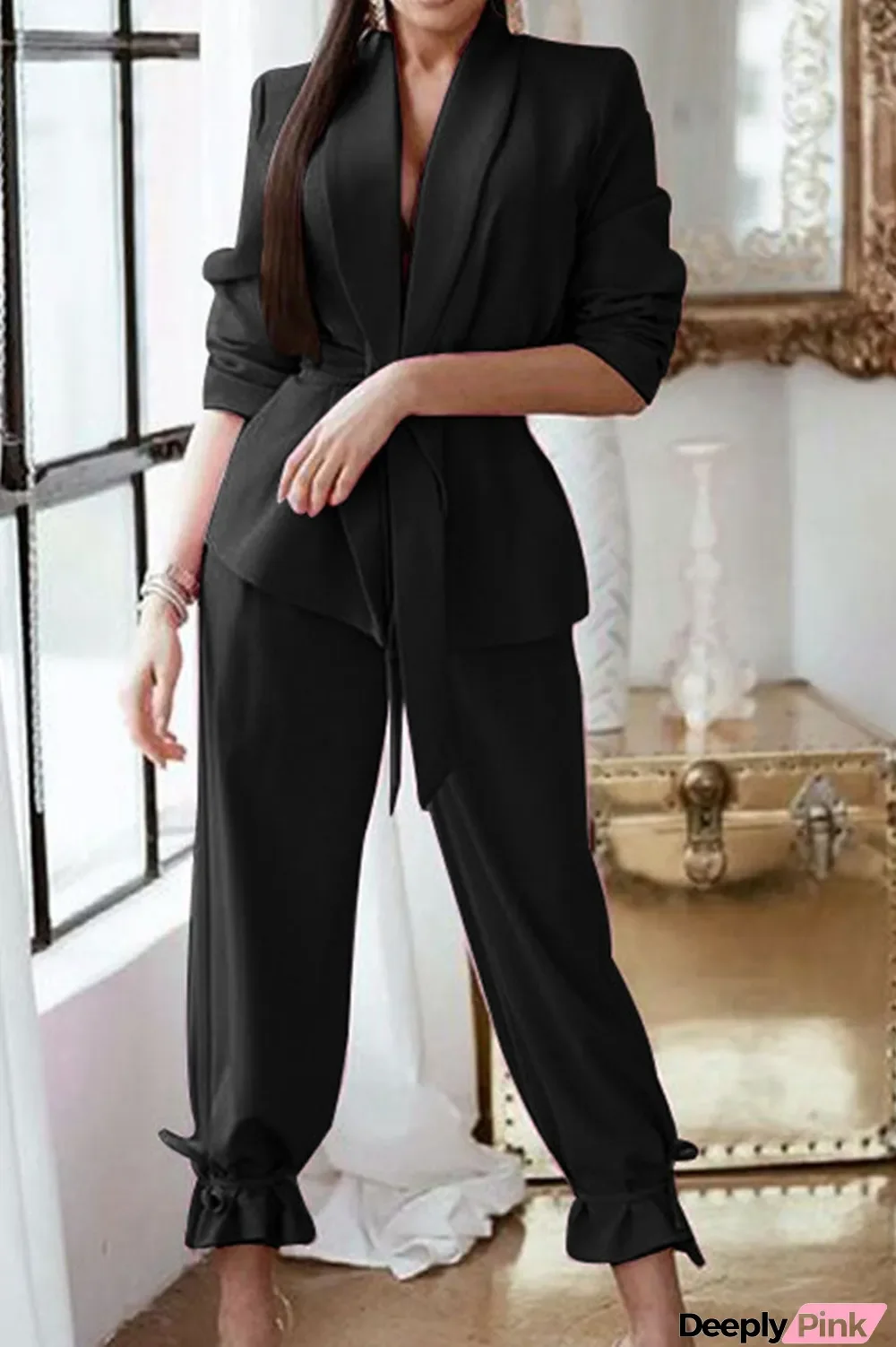 Casual Solid Draw String With Belt Turndown Collar Long Sleeve Two Pieces