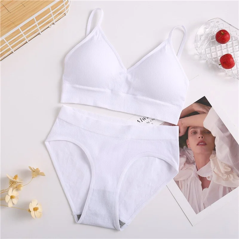 FINETOO Women Padded Bra Panties Set Soft Backless Tops Wireless Bras Set Seamless Underwear Women Lingerie Set Fitness Top S-XL