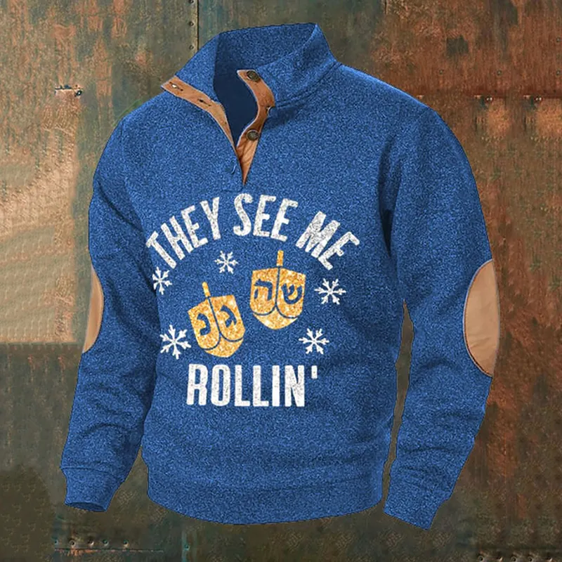 Men's They See Me Rollin Happy Hanukkah Casual Buttons Sweatshirt