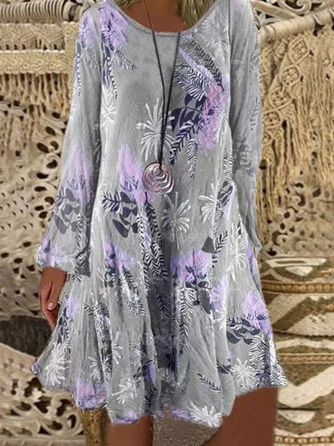 Gray Floral Printed Casual Vintage A-Line Long Sleeve Dresses