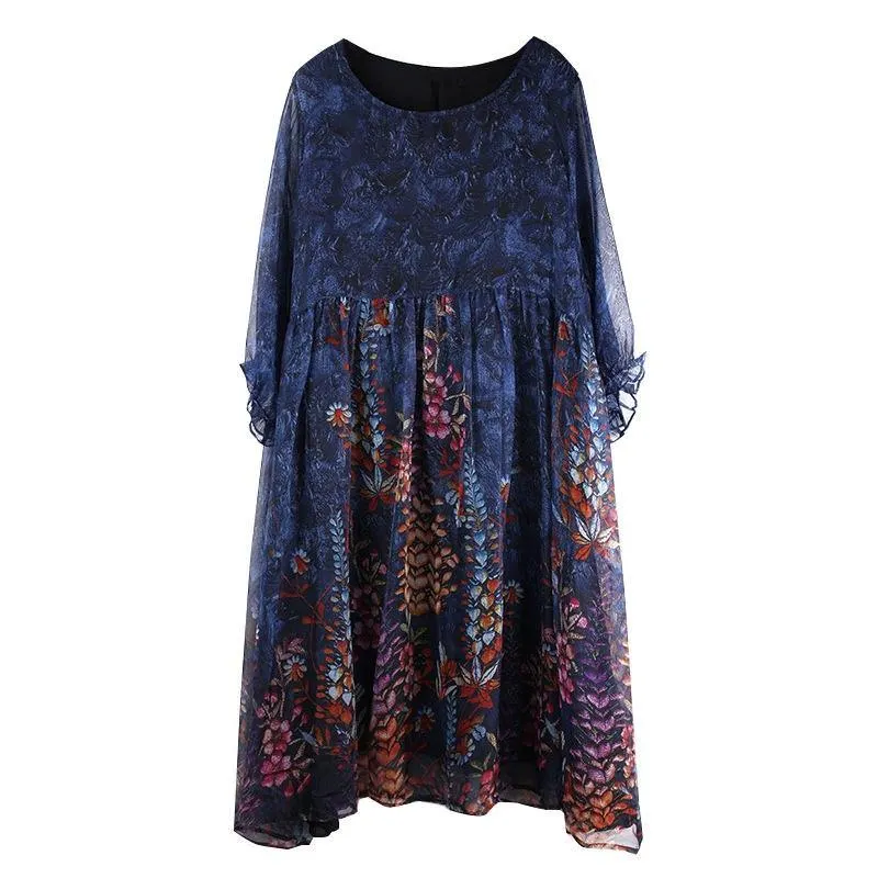 Unique Blue Print Tunic Pattern O Neck Cinched Plus Size Summer Dresses
