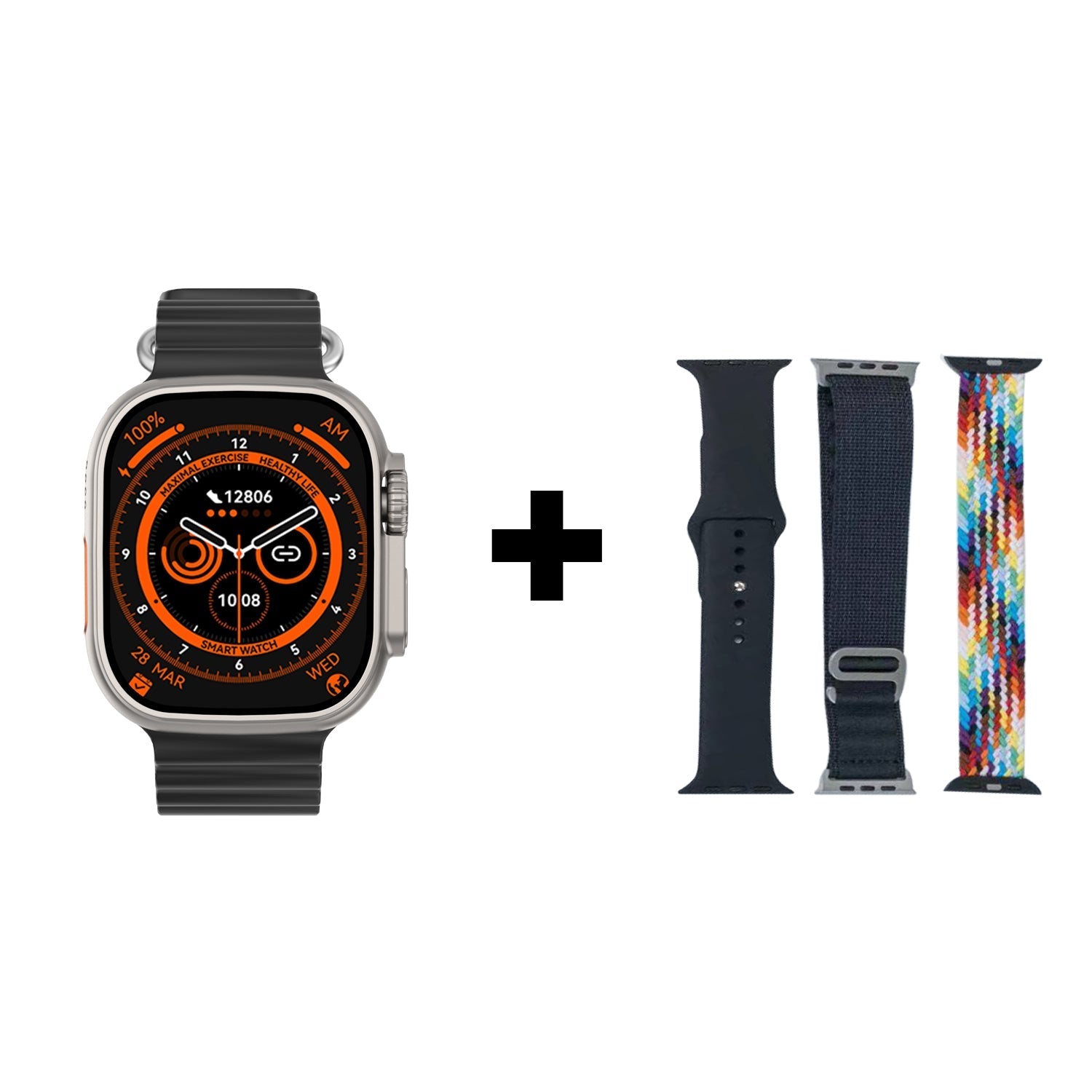 The black Ultra X shown from the front, with three different kinds of straps
