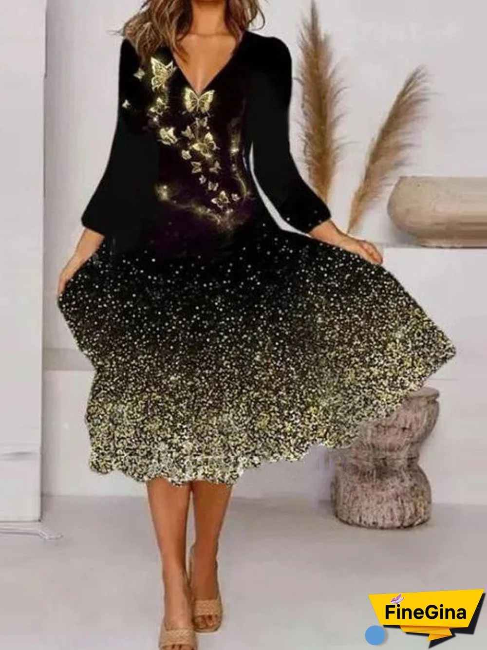 Women's Buttons Butterfly Solid Color Stitching V-neck Long Sleeve Dress