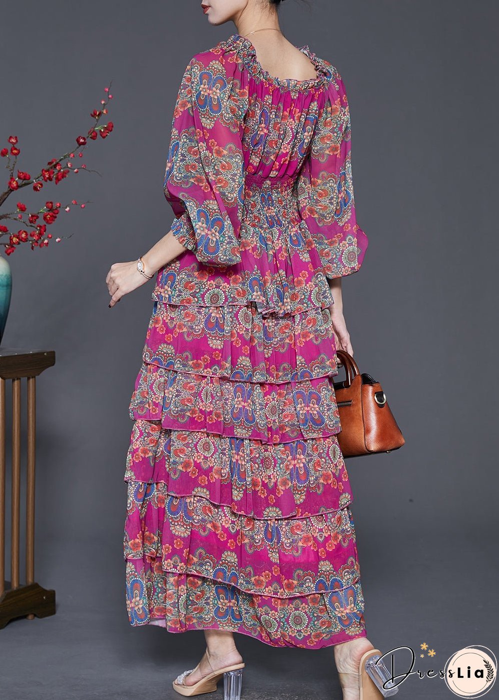 Unique Rose Elastic Waist Print Cotton Maxi Dresses Spring