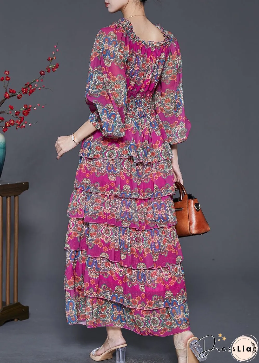 Unique Rose Elastic Waist Print Cotton Maxi Dresses Spring