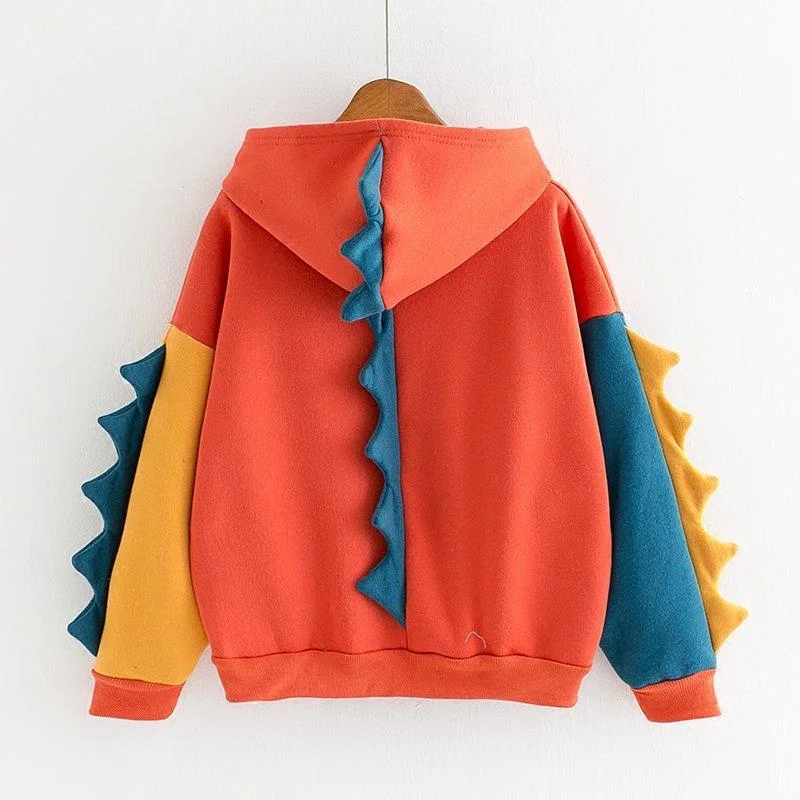 Uveng Dinosaur Contrast Color Hooded Long Sweaters