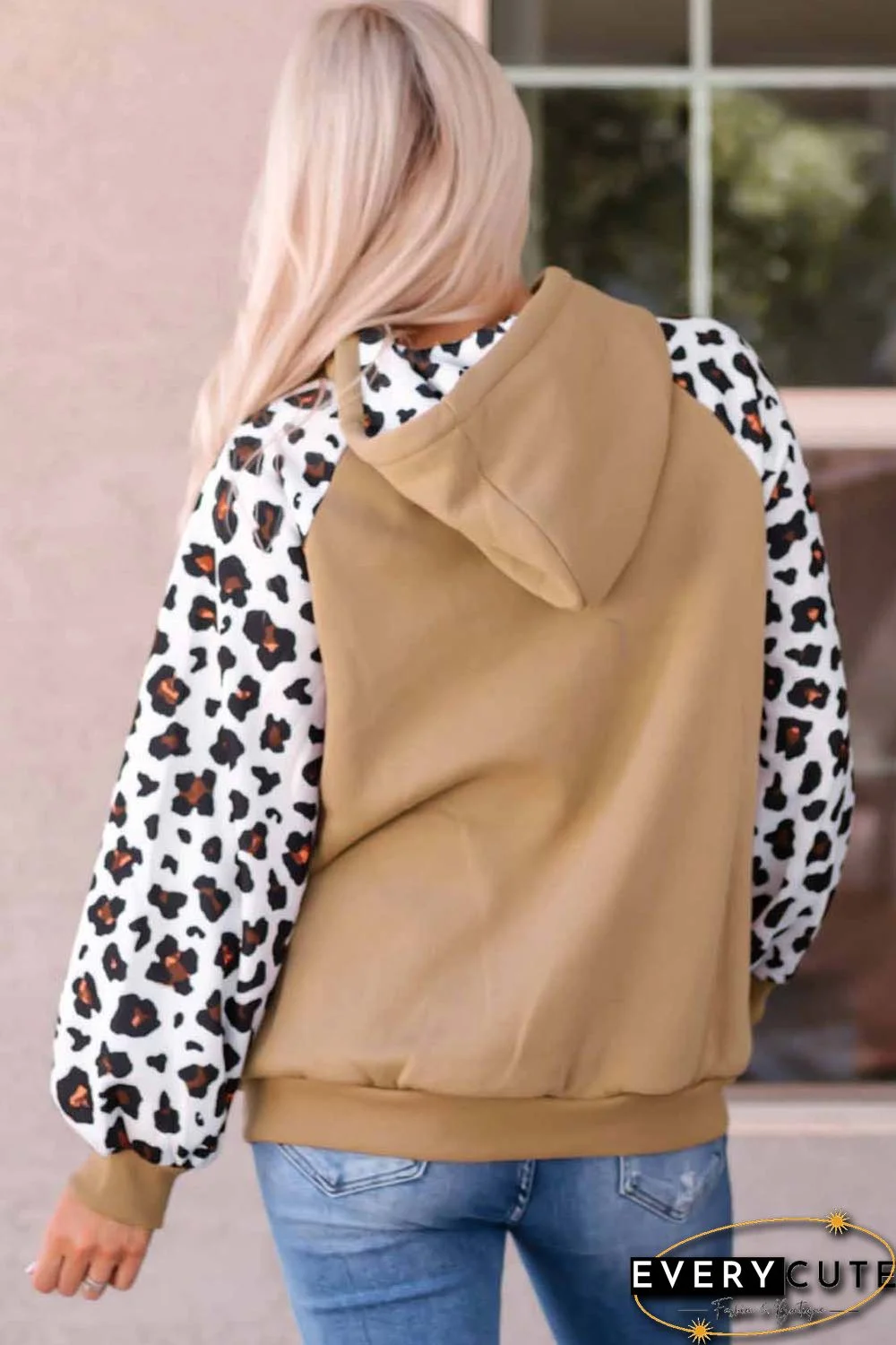 Khaki Leopard Bishop Sleeve Hooded Sweatshirt