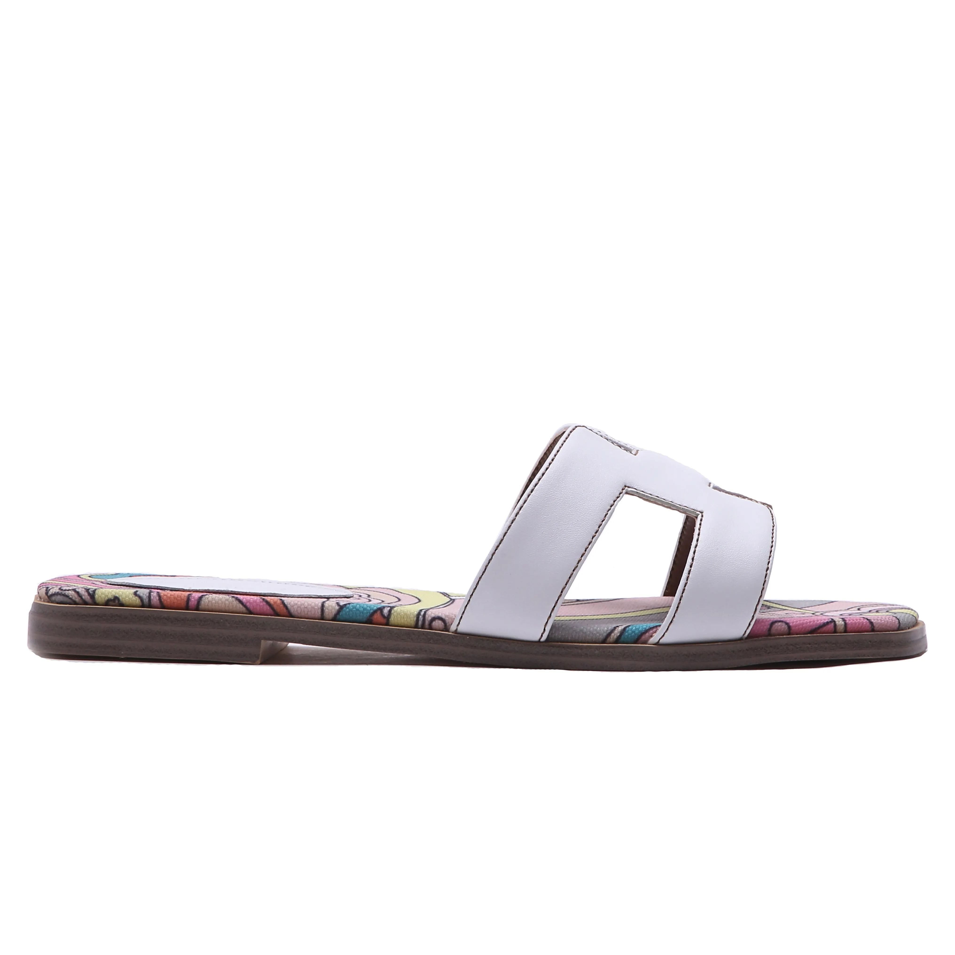 H-shape Leather Slipper White Painted Flats-vocosishoes
