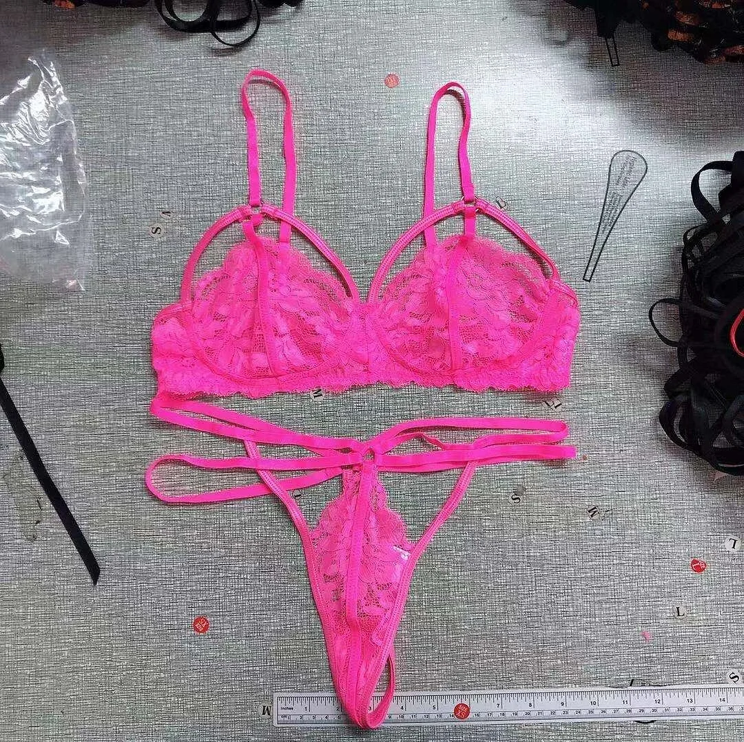 Billionm Neon Green Lingerie Underwear Women Lace Set Hollow Out Bra Panties Thong 2 Pieces Sexy Nightwear Erotic Costumes Intimate Suit