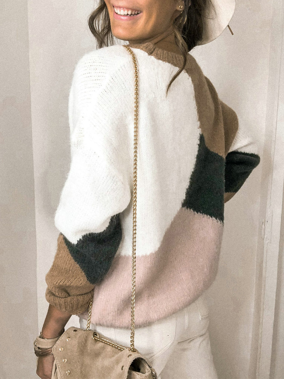 Sweaters Round Neck Contrast Stitching Knitted Sweater for Women