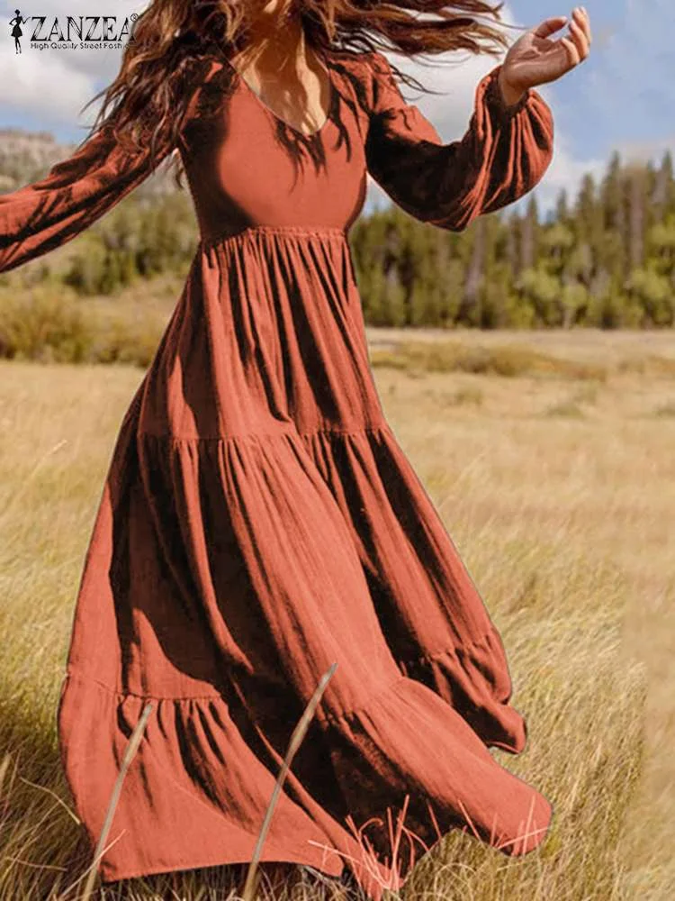 Elegant Dresses for Women Bohemian Ruffle Maxi Vestido 2022 Puff Sleeve Dating Sundress Oversize Casual Solid Sexy V Neck Robe 1