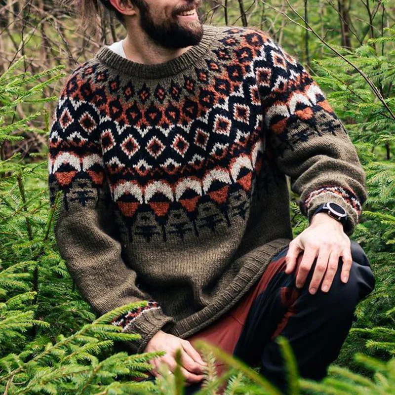 Retro Leopard Geometry Jacquard Icelandic Crew Neck Sweater