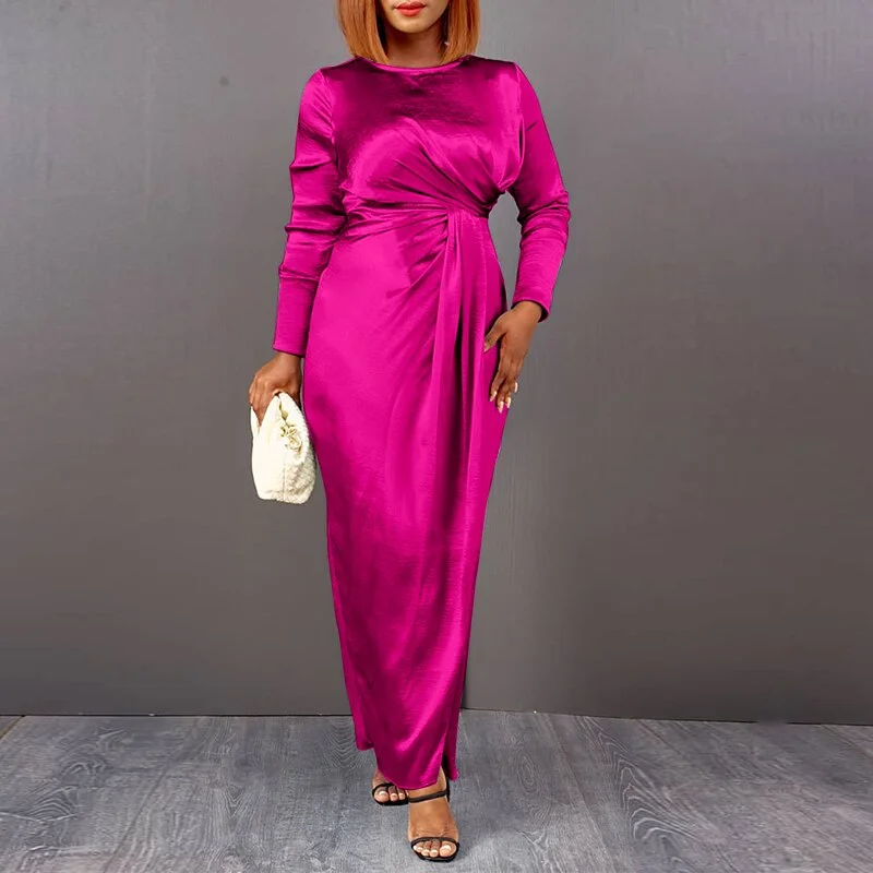 Satin Silk Dress Ladies Round Neck Long Sleeve Pleated Tunic Dresses VONDA Women Loose Solid Vestido Satin Robes Longue Oversize