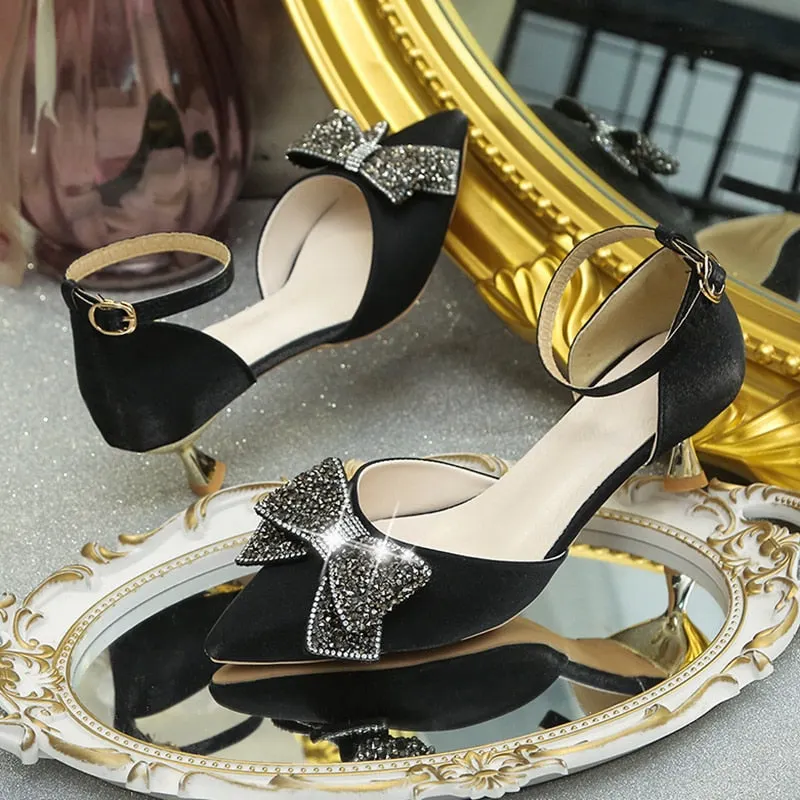 Crystal Bowknot Pumps For Women Ankle Strap Thin High Heels Shoes Woman Spring 2022 Sexy Pointed Toe Slik Wedding Shoes