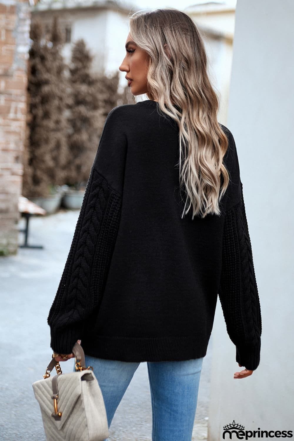 Cable-Knit Round Neck Drop Shoulder Sweater