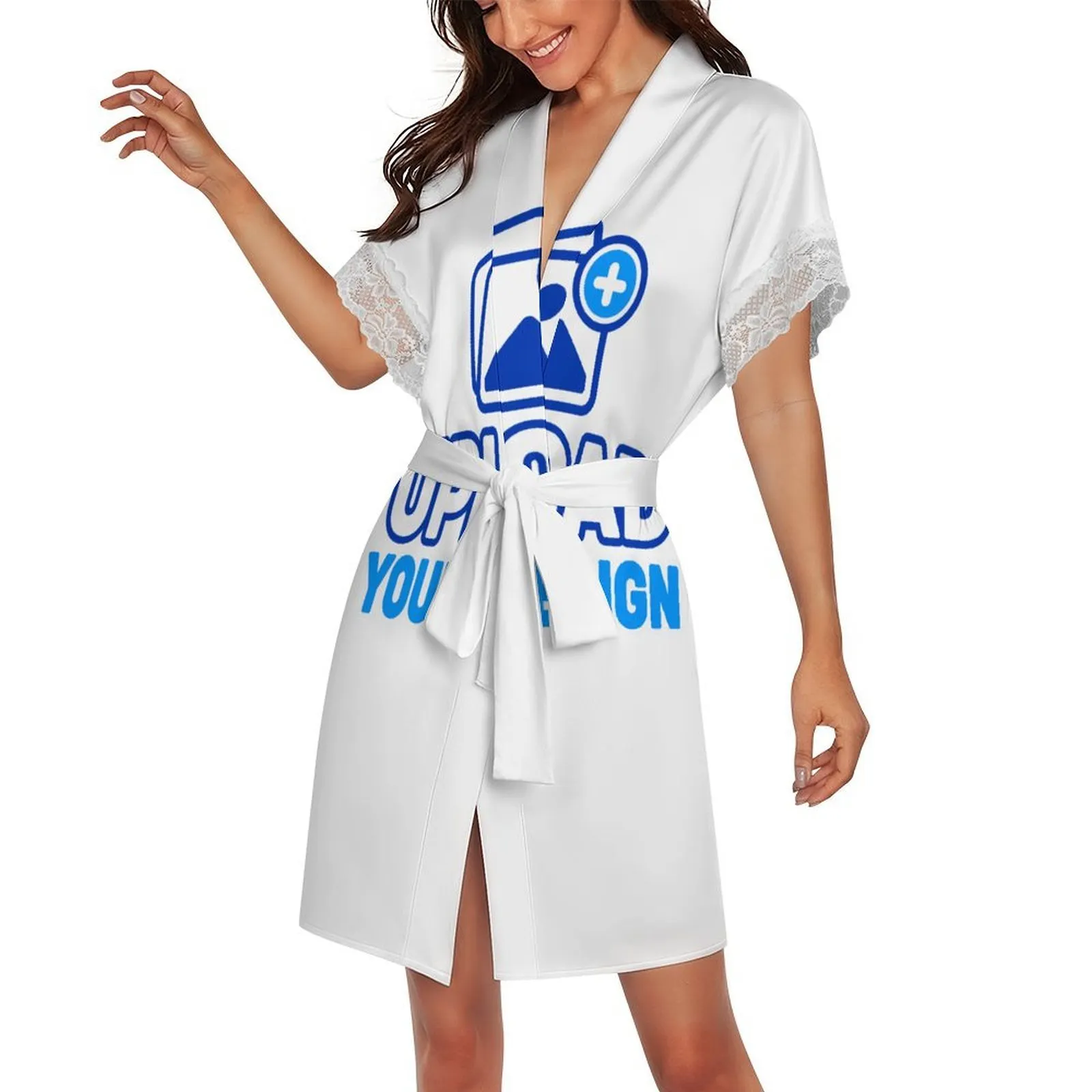 Custom Lace-Trim Short-Sleeve Belted Robe product image 8