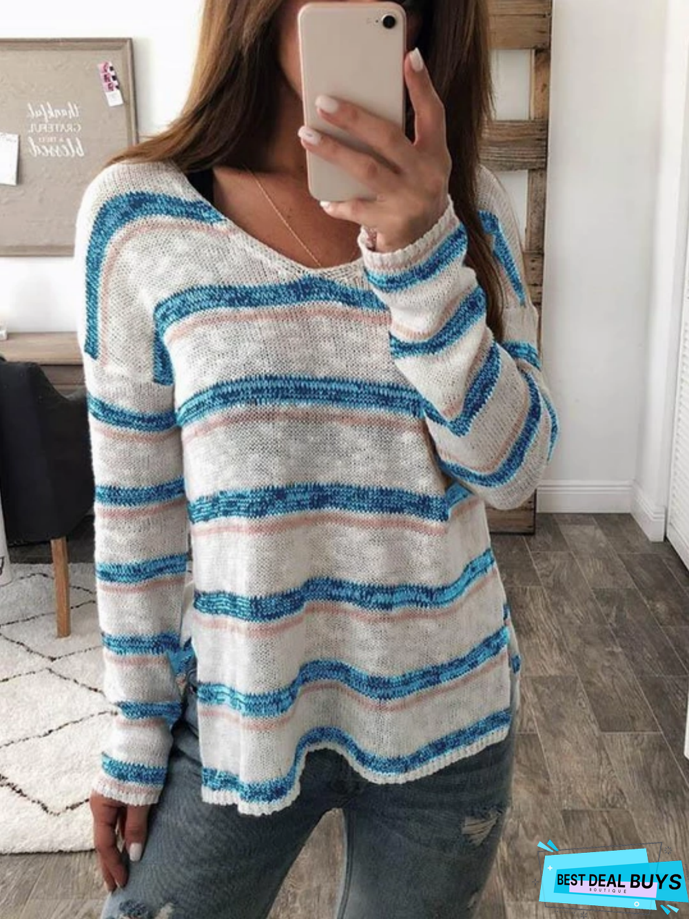 V Neck Casual Striped Sweater